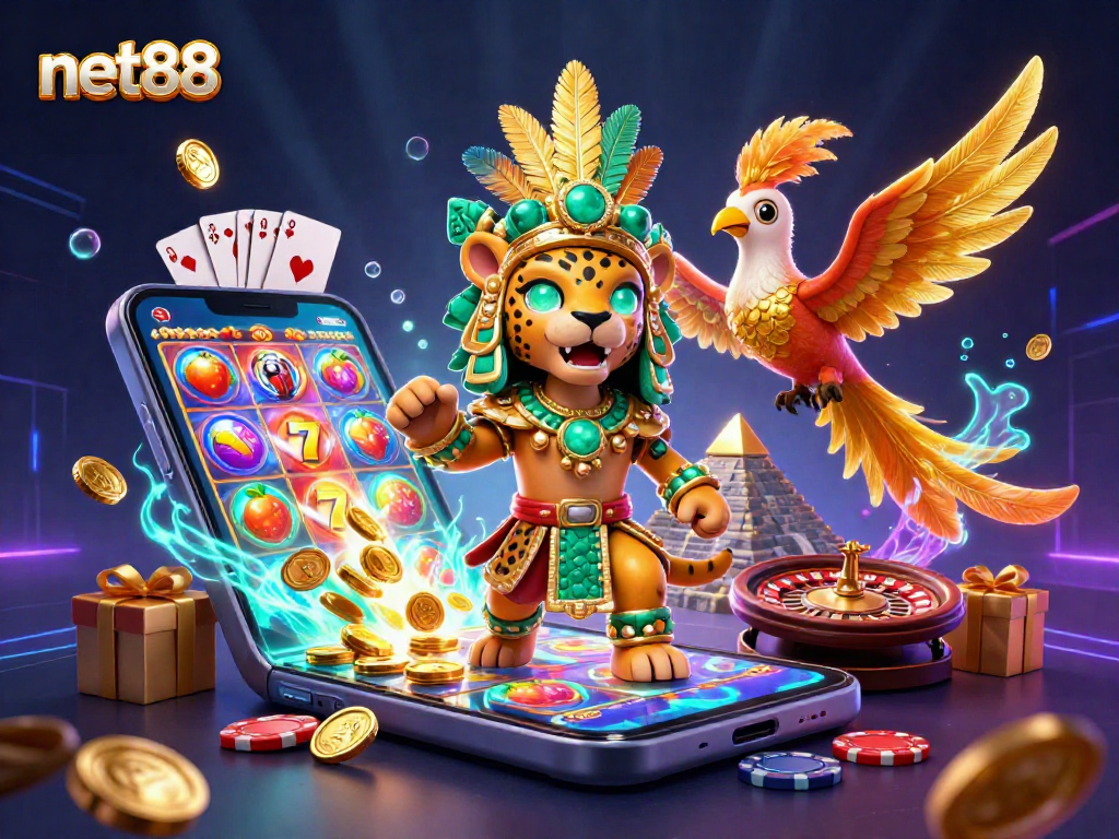 Experience thrilling gameplay at net88 with a vibrant casino illustration showcasing dynamic slot elements.