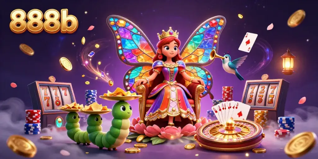 Experience the enchanting world of 888b with a vibrant 3D casino scene featuring a butterfly queen and golden gaming elements.