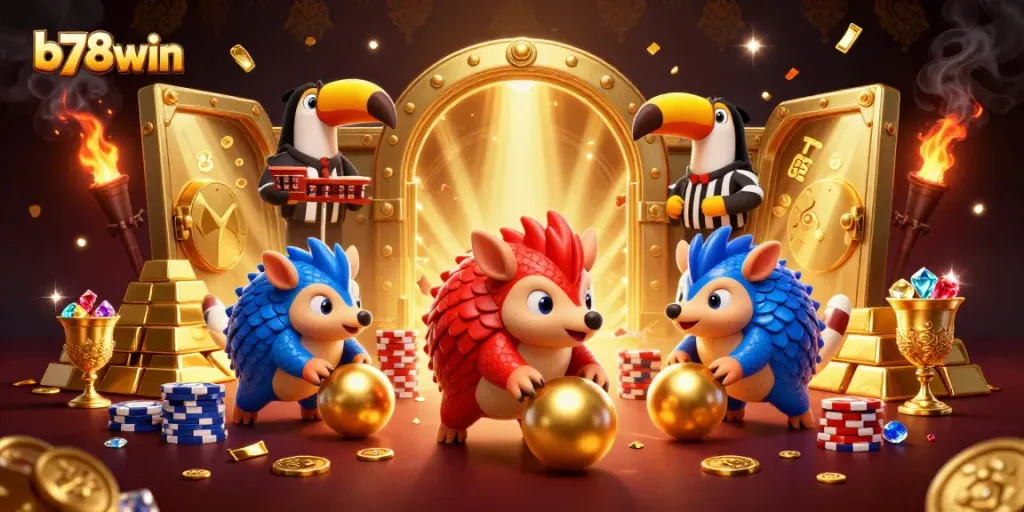 Experience thrilling gameplay with b78win's vibrant 3D cartoon pangolins and dazzling casino elements.