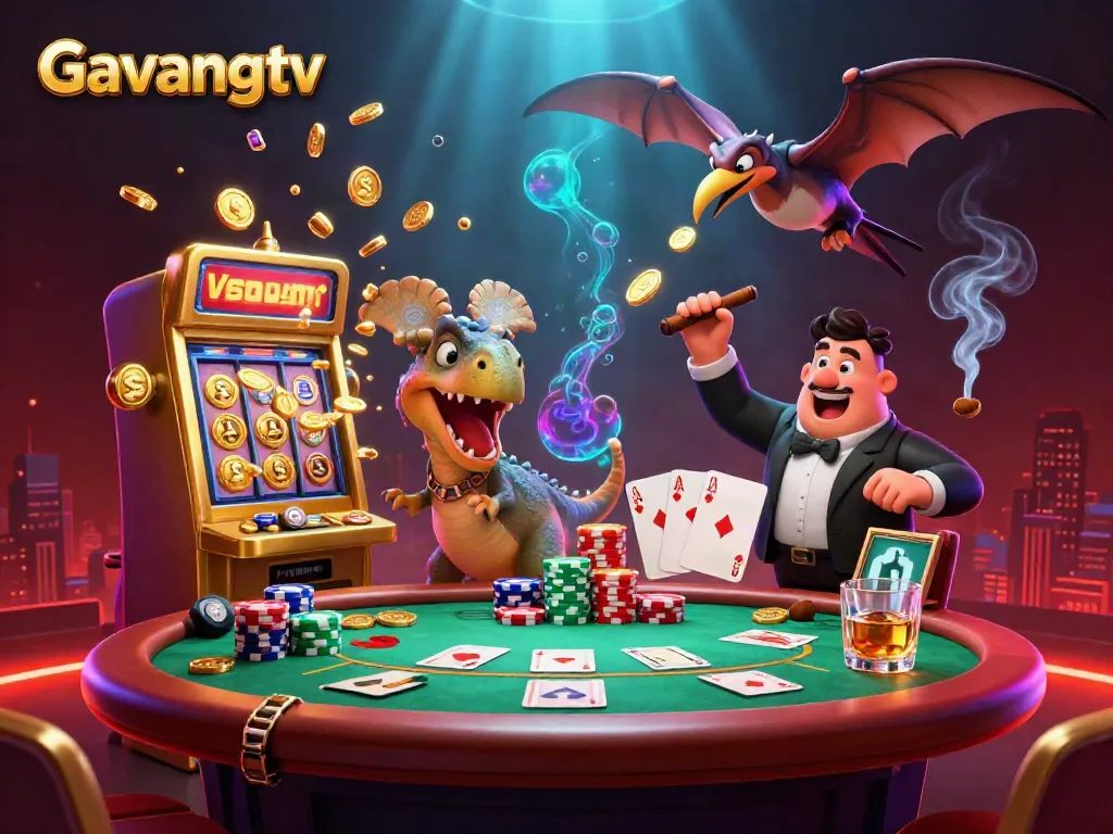 Gavangtv triggers a jackpot in a lively casino scene with dynamic characters and vibrant gaming elements.