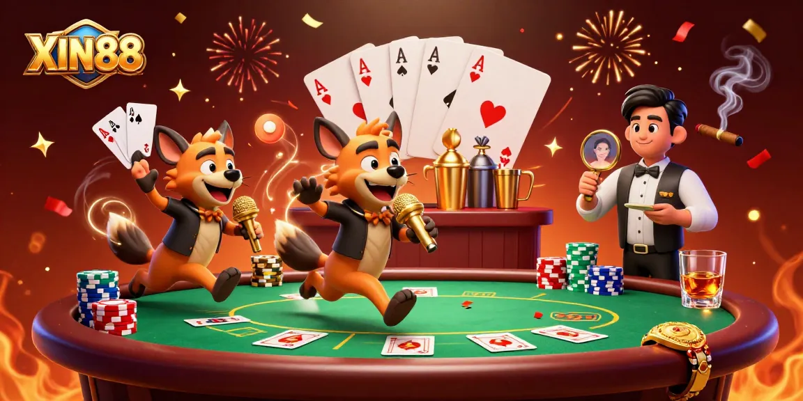 XIN88 hyenas deliver stand-up comedy in a lively casino atmosphere with poker elements.