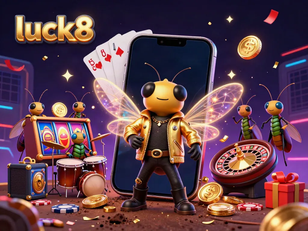 Engage with luck8 in a vibrant casino scene starring a cicada rock star, celebrating winning moments with slot games and colorful elements.