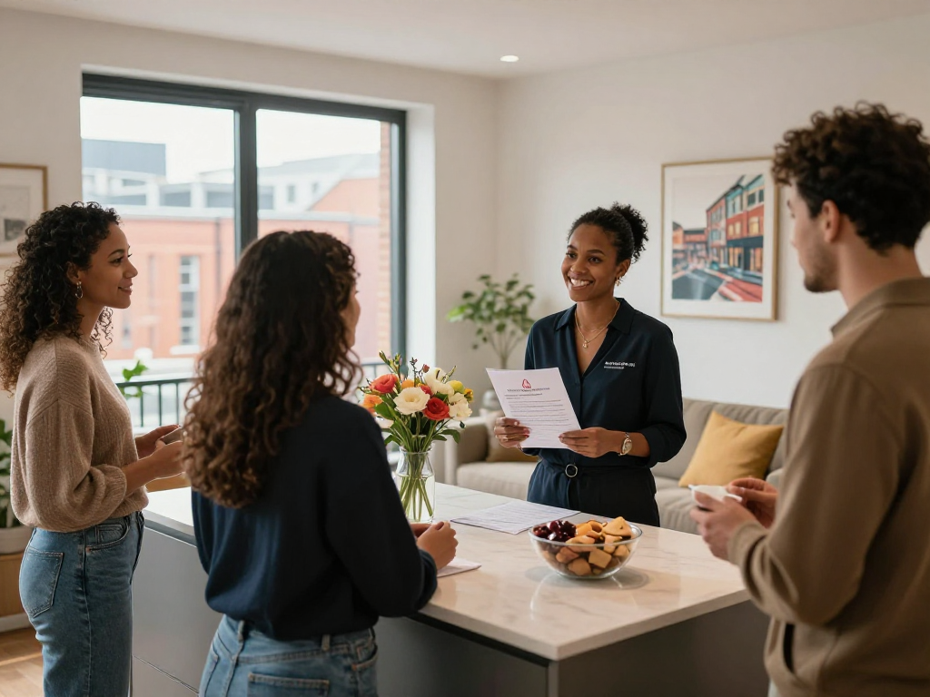 Airbnb management in Manchester showcasing a stylish rental with a friendly property manager welcoming guests in a vibrant atmosphere.