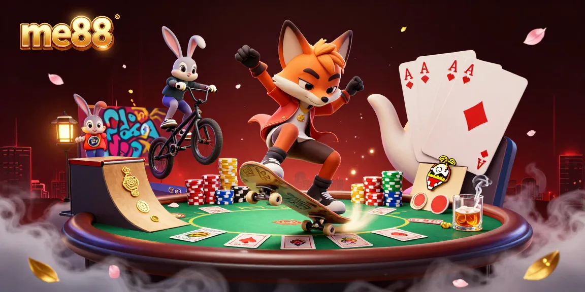 me88 shows a fox skateboarder performing tricks over poker chips, surrounded by vibrant casino elements