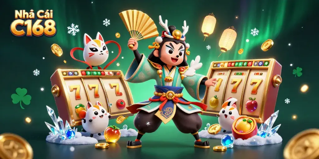 Engage with Nhà Cái C168's thrilling slots scene featuring kabuki warriors and glowing jackpots.