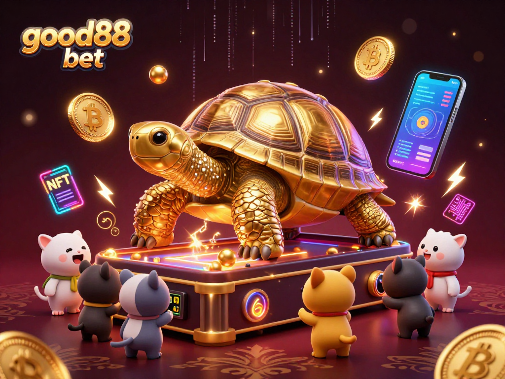Play vibrant casino games at good88 bet with dynamic 3D characters, glowing crypto coins, and an engaging atmosphere.