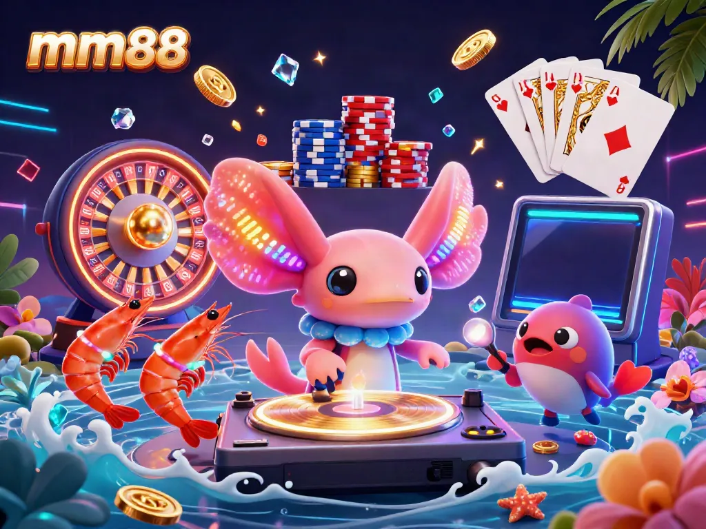 Experience the vibrant world of mm88 with a neon axolotl DJ and dancing shrimp in a lively casino scene.