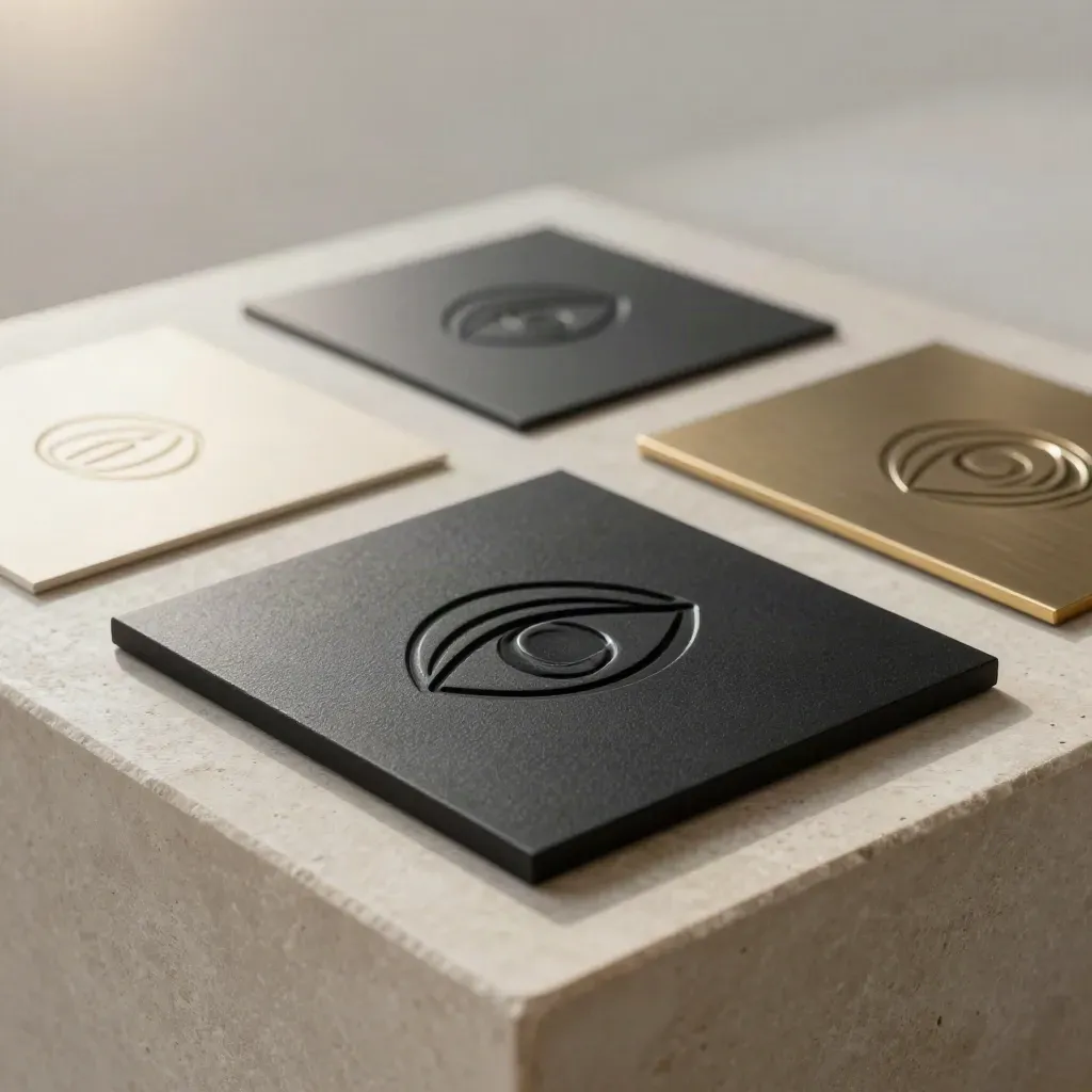 Logo mark tiles on a stone plinth, centered hero with metallic variants in a bright design studio.