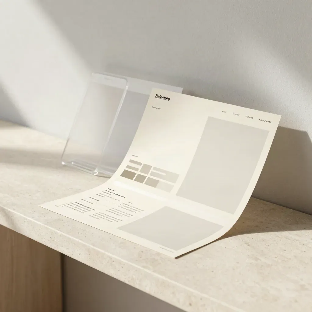 Website layout mockups on travertine with acrylic device silhouettes in soft window light.