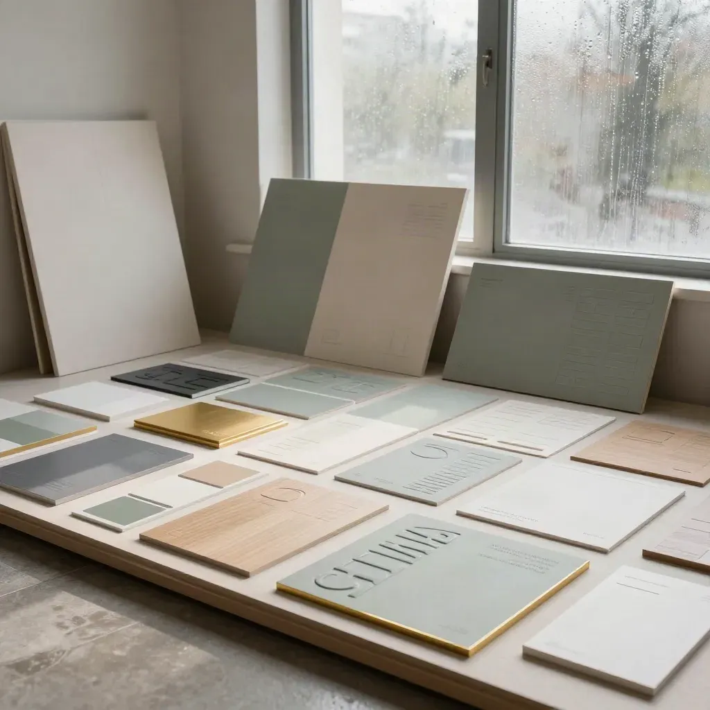 Cinematic UK design studio with identity boards, swatches, packaging mockups, and gold accents in morning haze.