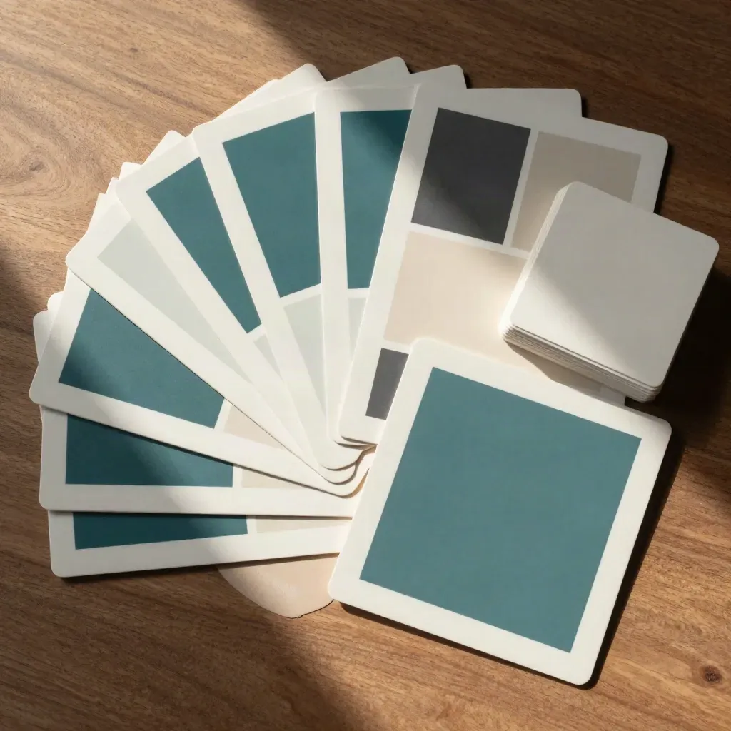 Overhead fan of teal-accent social template tiles splayed on warm plaster with glossy light.