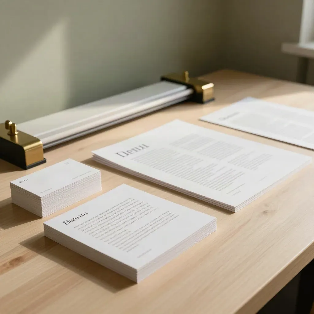 Print collateral mockup with cards, flyers, menus, and letterpress sheets on a pale desk.