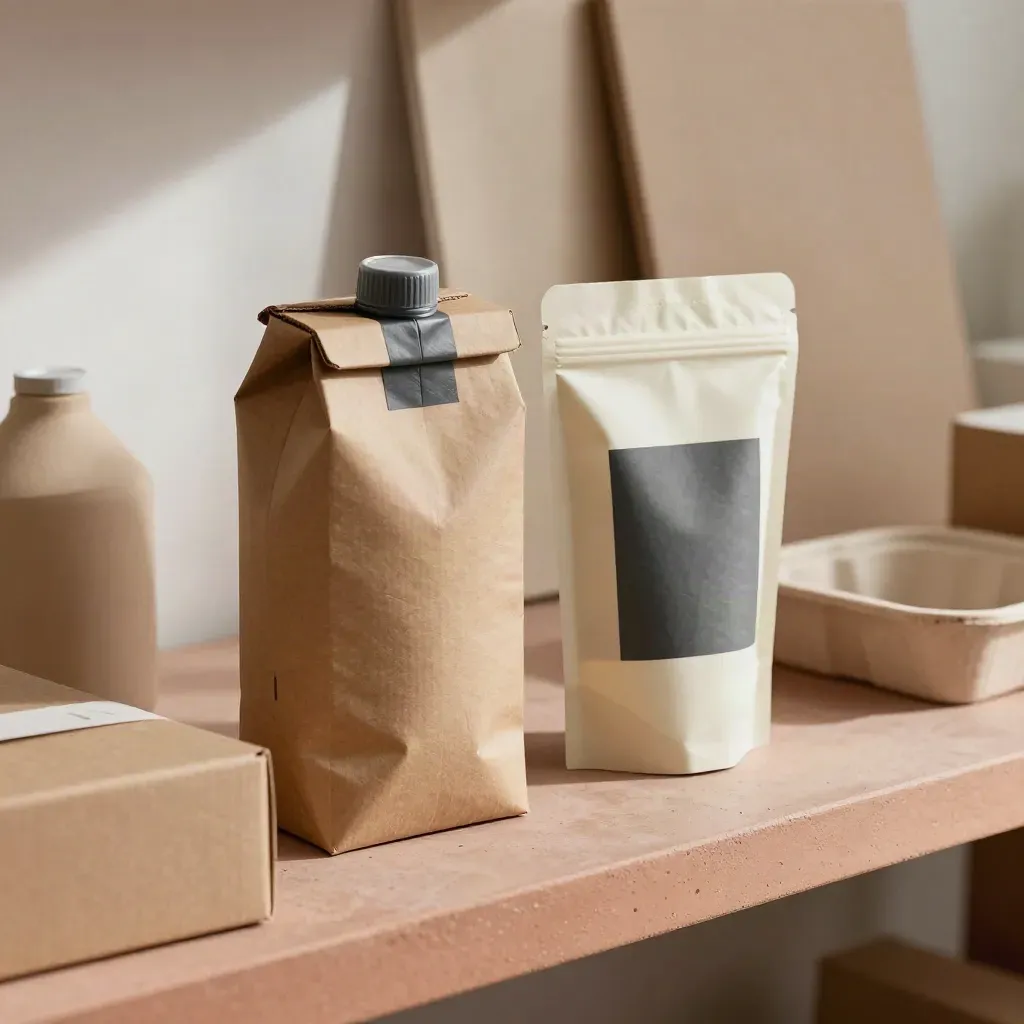 Kraft packaging mockups on a pale concrete shelf, with pouch, carton and jar sleeve.