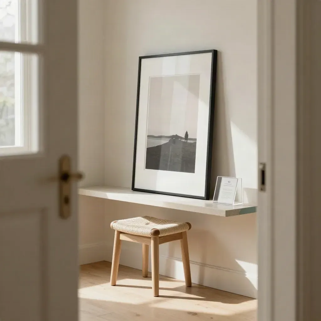 Calm reception nook with portrait-format print, frosted acrylic cards, and oak stool in warm daylight.