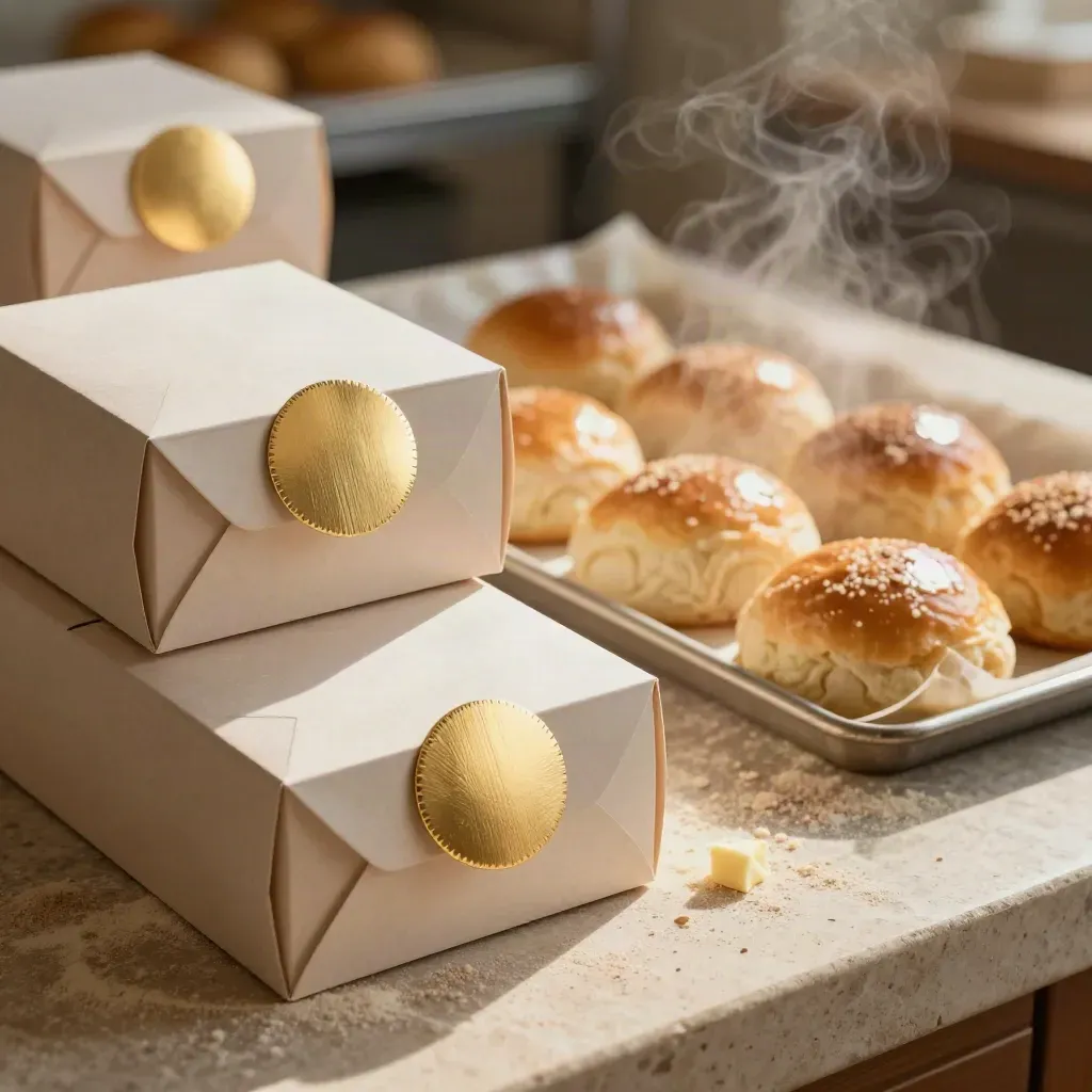 Open pastry boxes, gold seal discs, and a tray of buns on a warm bakery counter with steam.