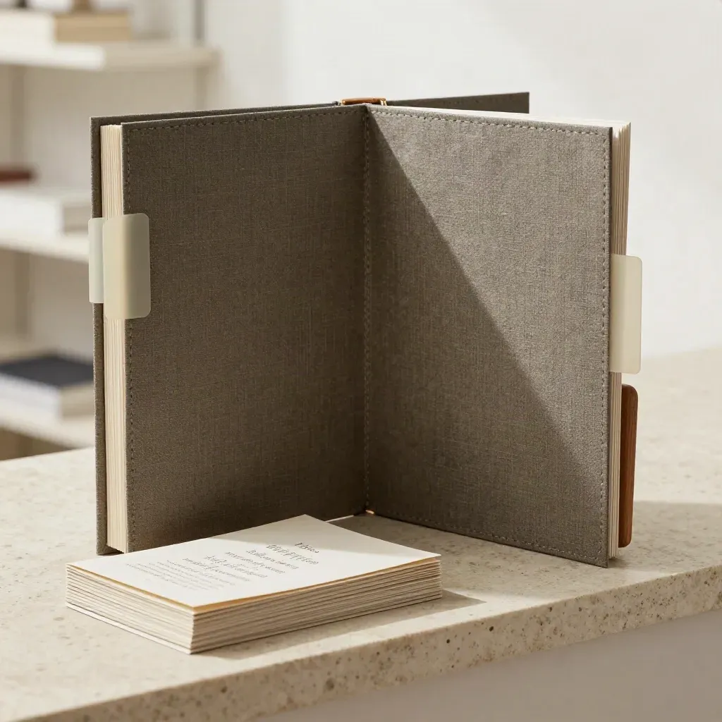 Low-angle folio, index tabs, and quote cards on limestone with soft daylight