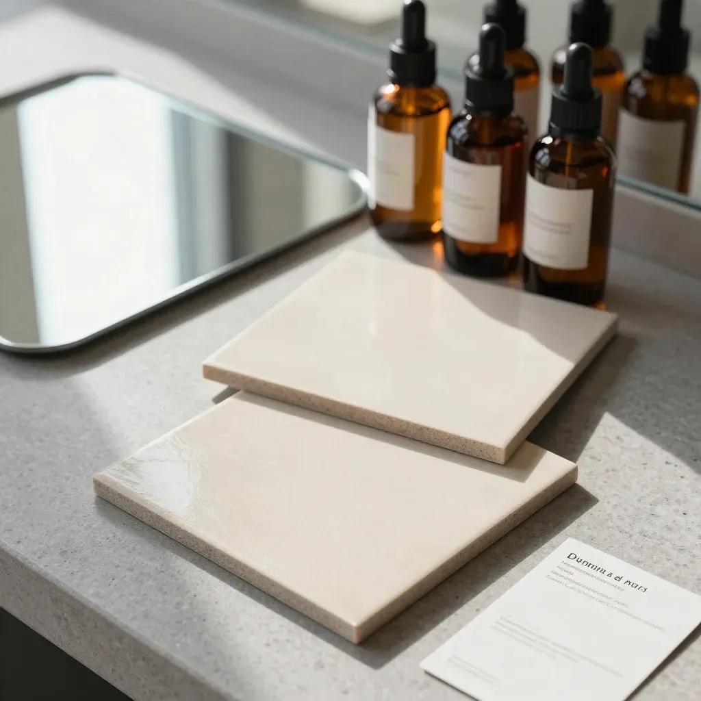Overhead flatlay of salon promo tiles, reflective sample tray, and product bottles on pewter stone.
