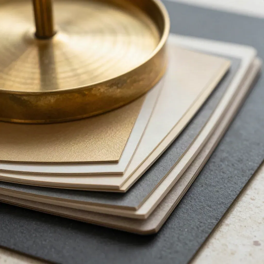 Brass type sample wheel with stacked boards and swatch fan on a dark studio work surface.