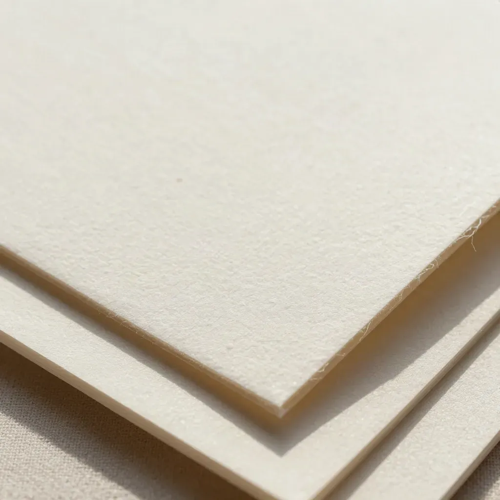 Macro of embossed off-white paper sample corners and warm board with grazing light