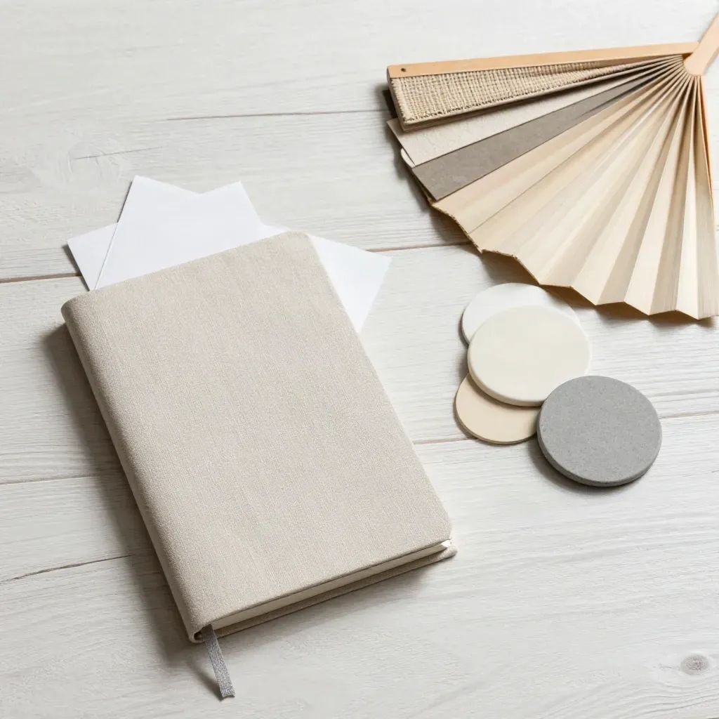 Top-down planning still life with notebook, ceramic chips and a half-open sample box on pale wood.