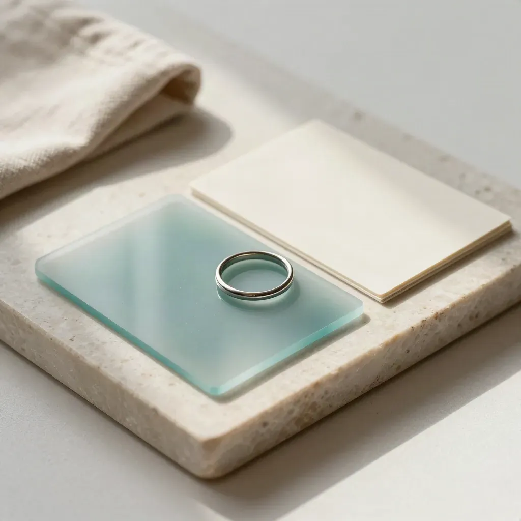Tray of acetate design samples, card maquettes and a binding ring on stone with soft linen