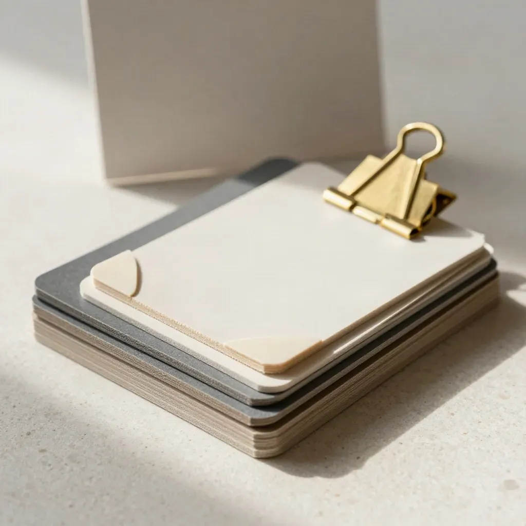 Trimmed material swatches, adhesive corner samples, a gold clip, and an edge-painted board on limestone.