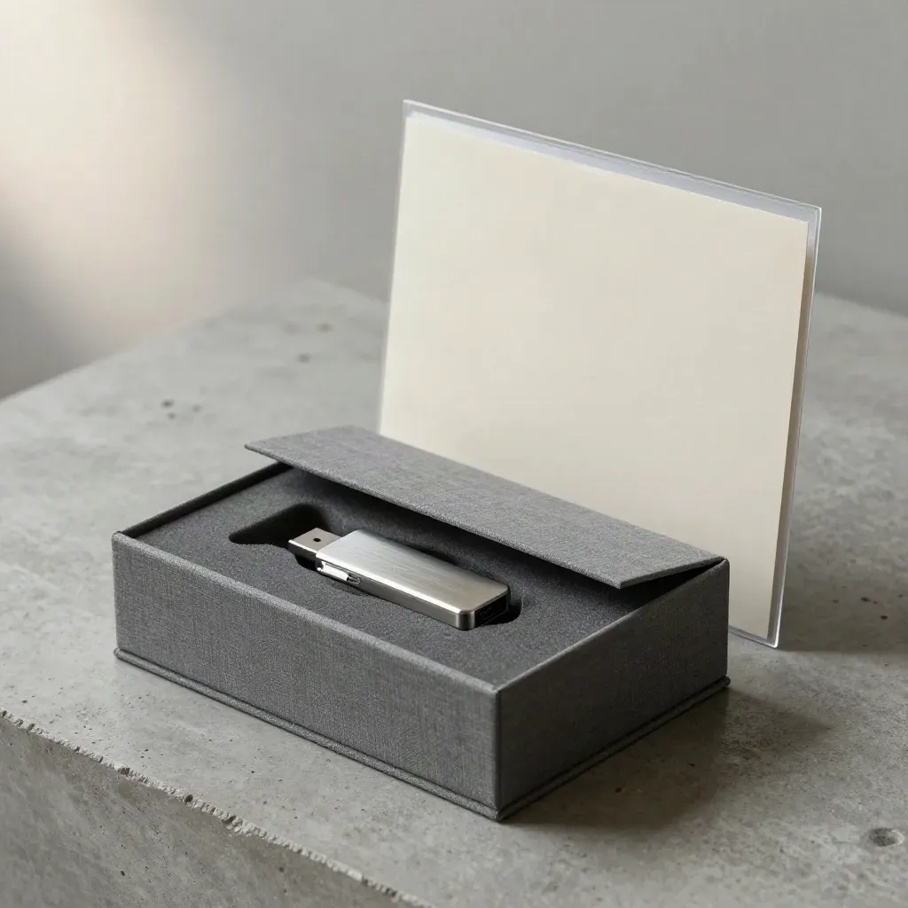Archival box, USB drive and clear folder on cool concrete, softly lit from one side.