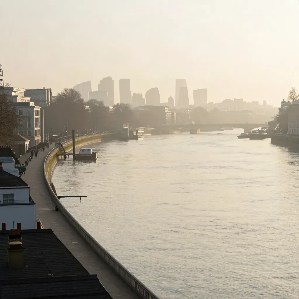 Thames curve and South Bank rooftops in golden mist with London skyline high above calm river water.