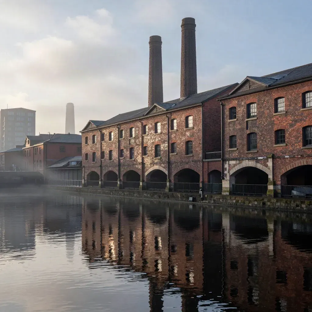 Wet redbrick Manchester canal warehouses and distant towers above calm misty water