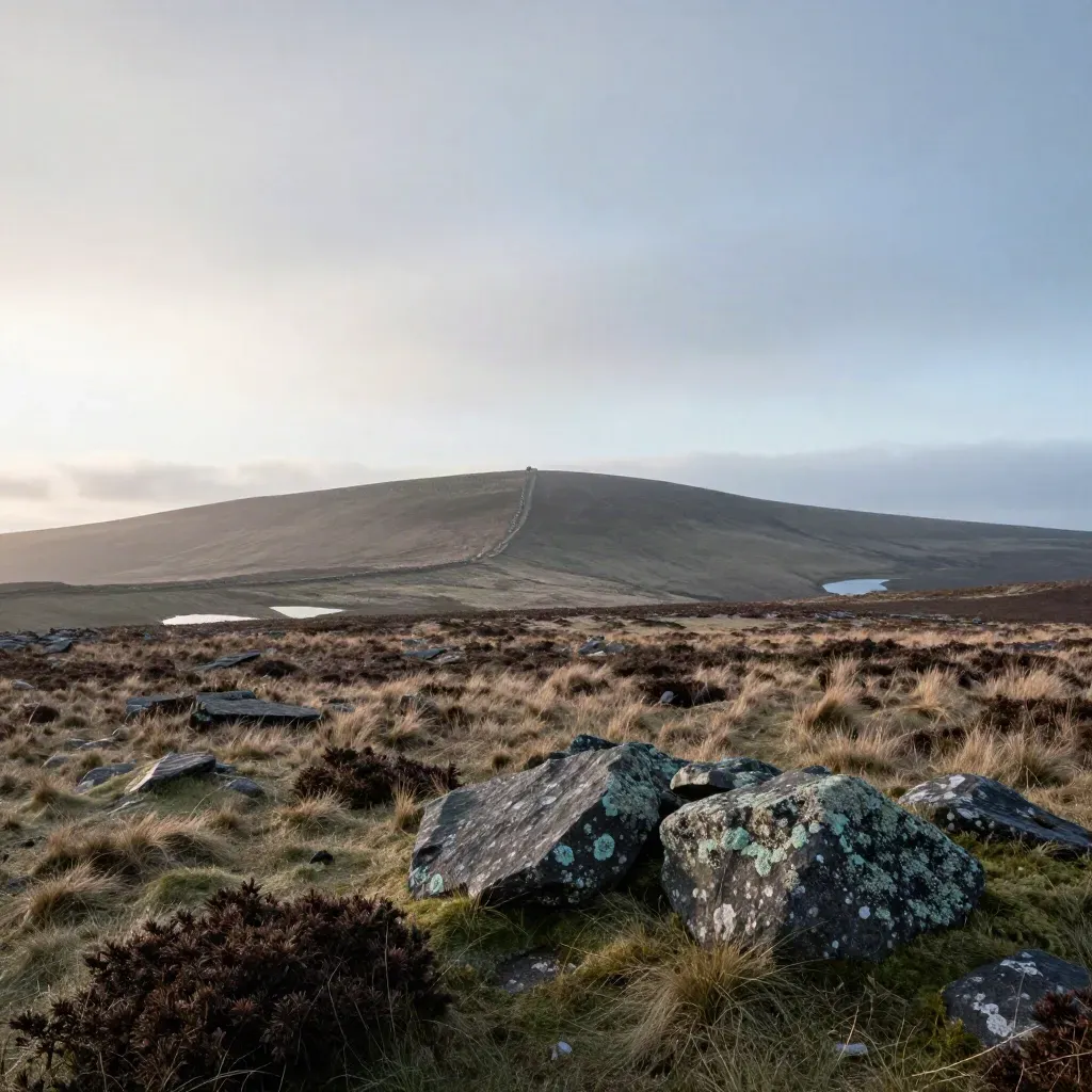 Misty UK moorland at dawn with a distant stone ridge and open calm foreground
