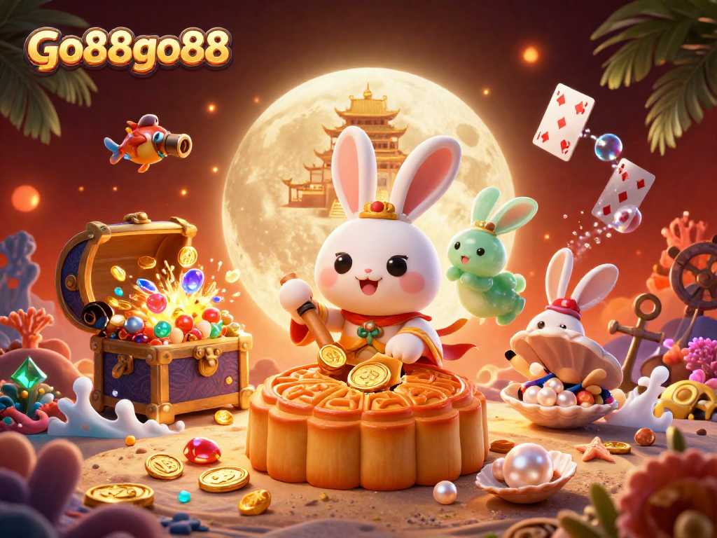 Engage with go88go88 at a 3D casino scene featuring a moon rabbit revealing poker chips amid sparkling treasures.