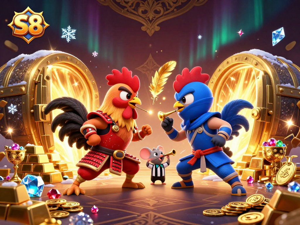 S8 offers a thrilling showdown with epic roosters battling for treasures in a vibrant casino setting.