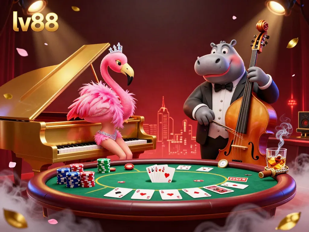 Engage with the lively casino atmosphere at lv88, featuring a lounge singer flamingo and vibrant poker action.
