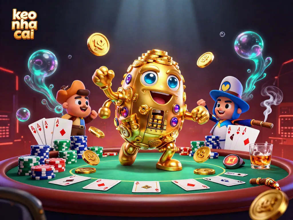 Experience keo nha cai action through a vibrant 3D illustration of a golden golem surrounded by poker elements.