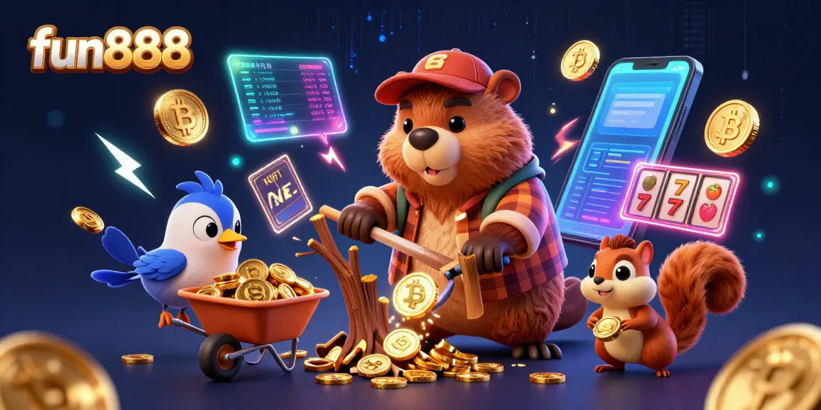 Experience fun888 with a lively casino scene of characters collecting coins amidst exciting game elements.