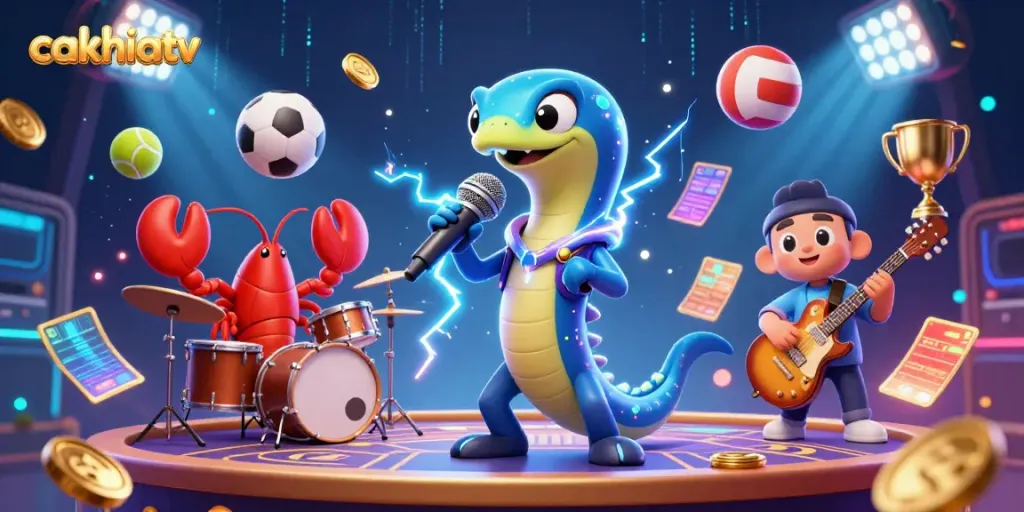 Cakhiatv electric eel DJ commands an underwater casino stage with vibrant sports elements.