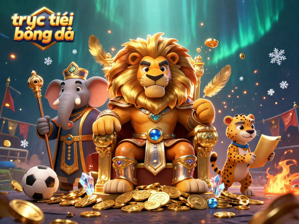 Watch trực tiếp bóng đá in style with a stunning vibrant 3D illustration featuring a royal lion king and sports betting elements.