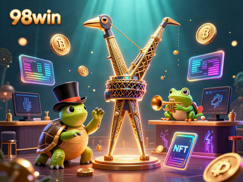 Join the exciting world of 98win with vibrant casino characters and crypto elements.