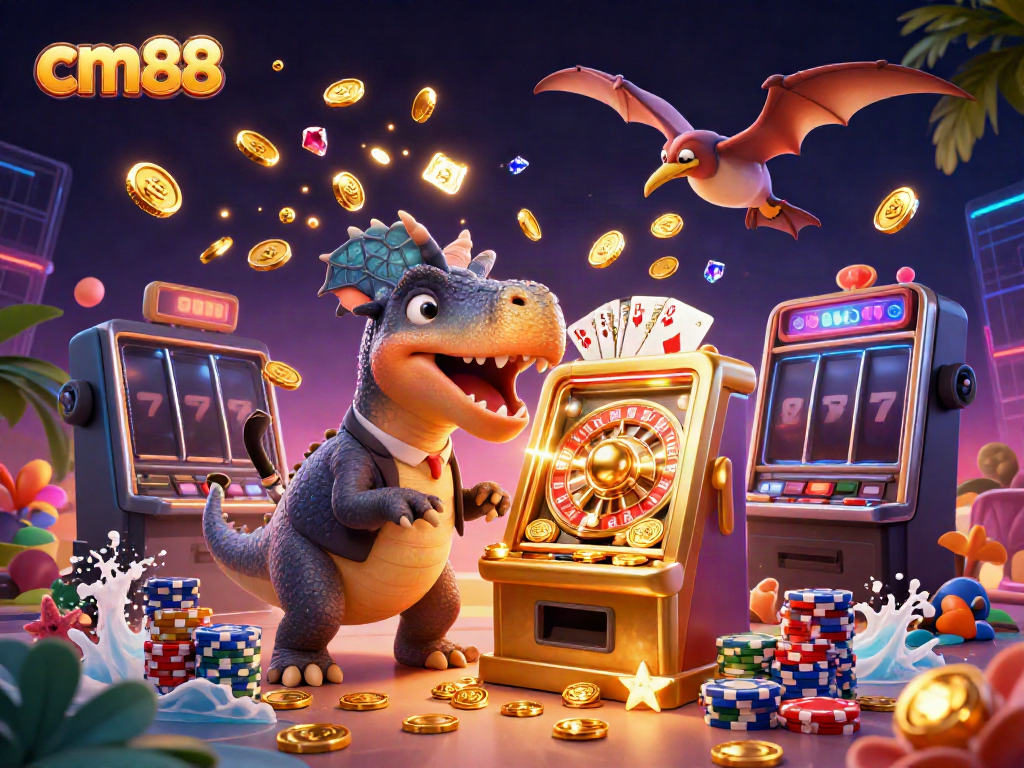 Experience thrilling wins at cm88 while a dinosaur celebrates a jackpot, embodying casino excitement.
