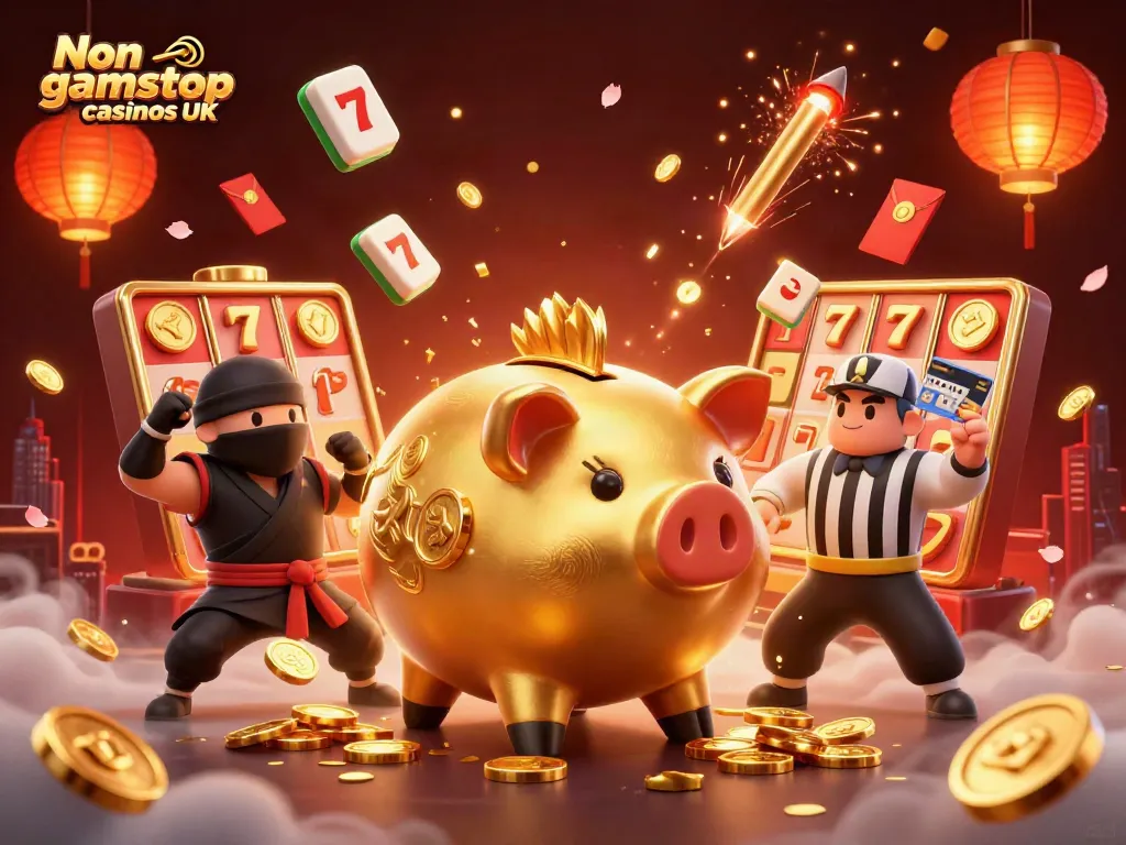 Engaging scene of Non gamstop casinos UK featuring vibrant 3D gaming elements with golden piggy bank sumo wrestler.