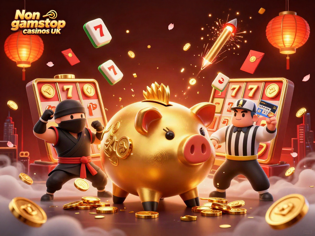 Engaging scene of Non gamstop casinos UK featuring vibrant 3D gaming elements with golden piggy bank sumo wrestler.