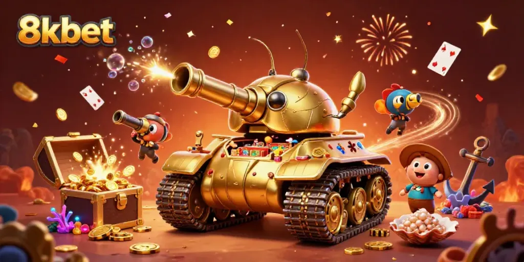 Experience excitement at 8xbet with a vibrant casino scene inside a golden beetle tank.