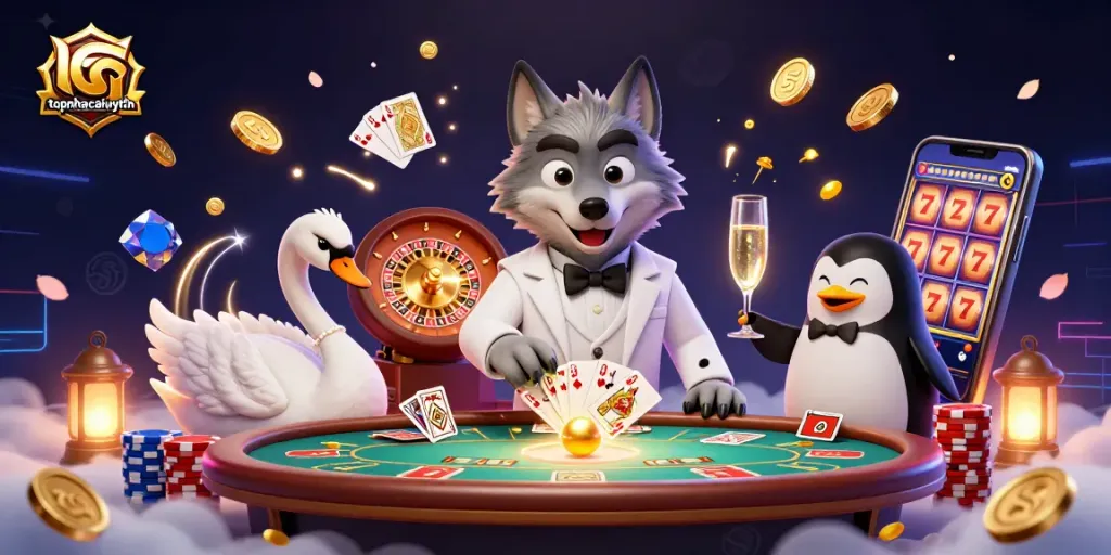 topnhacaiuytin reveals a vibrant 3D casino scene featuring a wolf, swan, and penguin amidst colorful gaming elements.