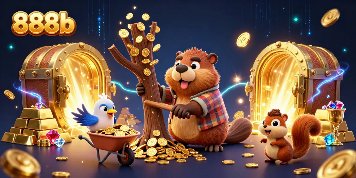 Engage with thrilling 888b gaming fun as cartoon characters celebrate golden rewards in a vibrant casino scene.