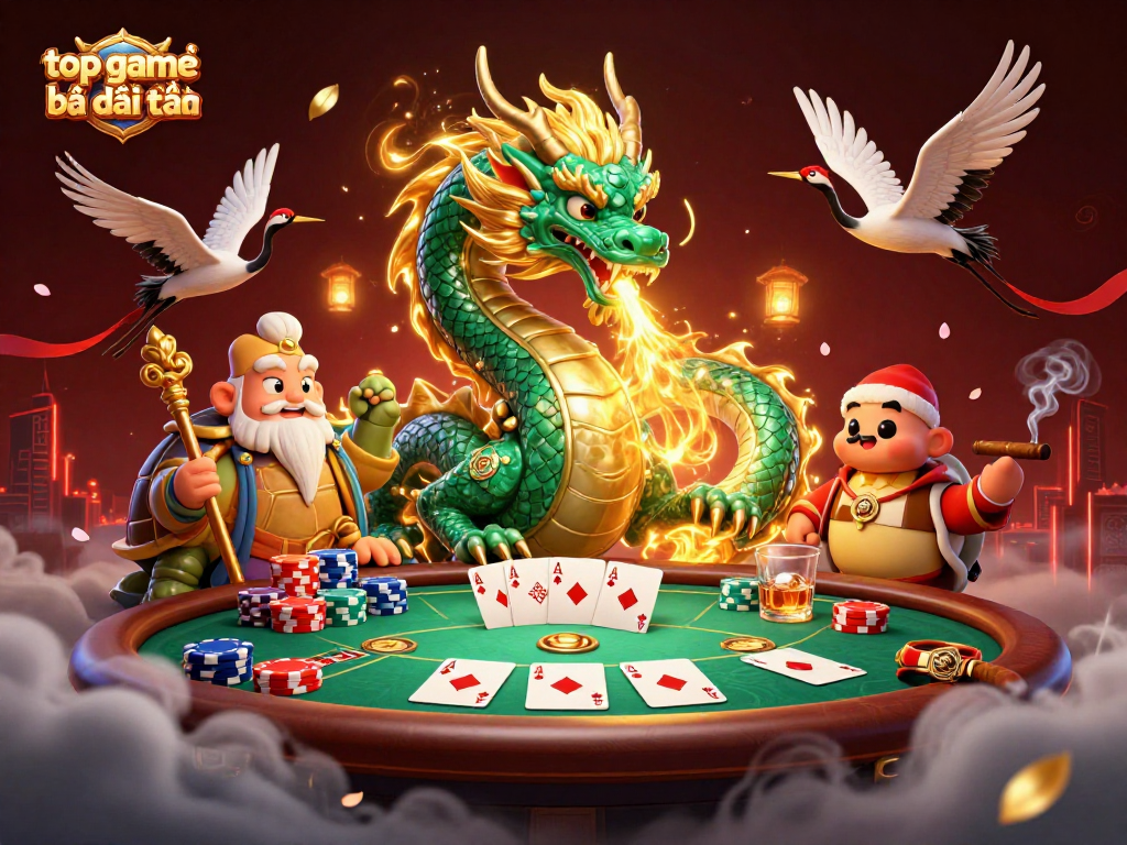 Experience the thrill of top game bài đổi thưởng with vibrant casino-themed 3D characters and elements.
