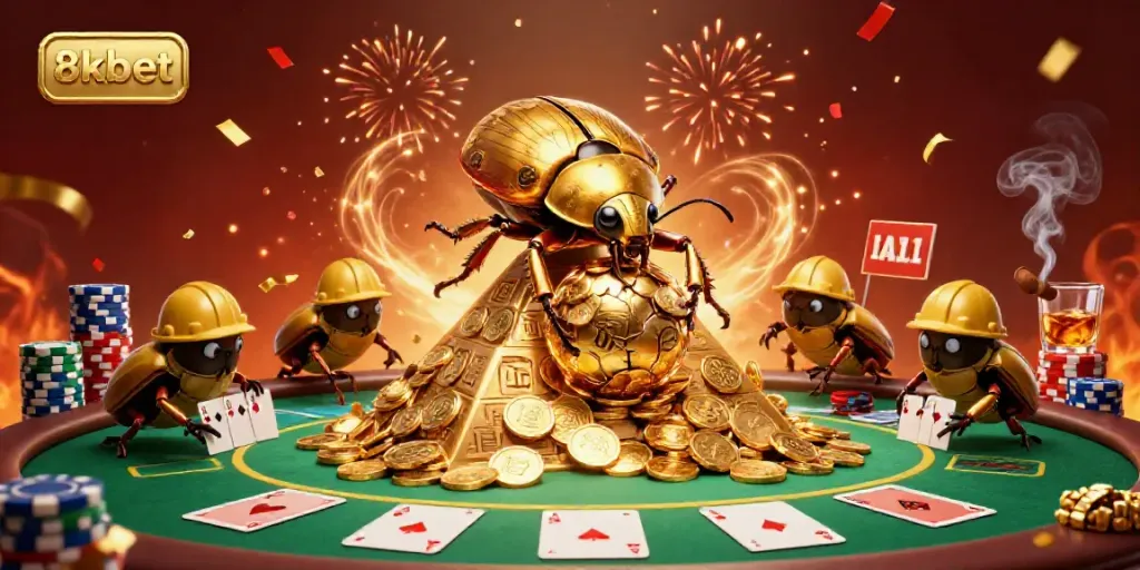 Experience thrilling gaming action with 8xbet as golden beetles roll in a vibrant casino scene.