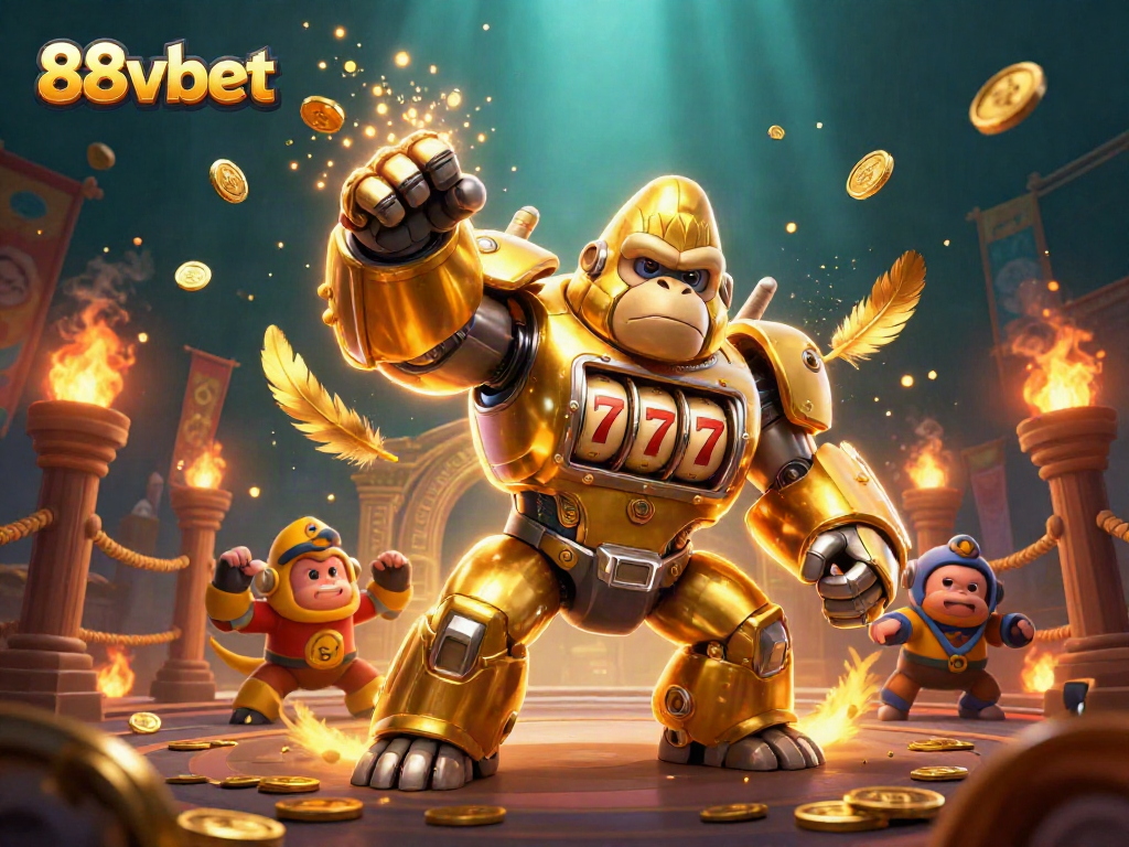 Experience the excitement of 88vbet with a dynamic casino-themed illustration featuring a golden gorilla mech.