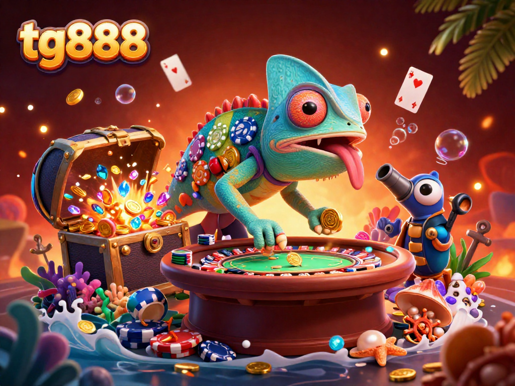 Tg888 casino owner chameleon collects golden coins amid vibrant marine-themed gaming setup.