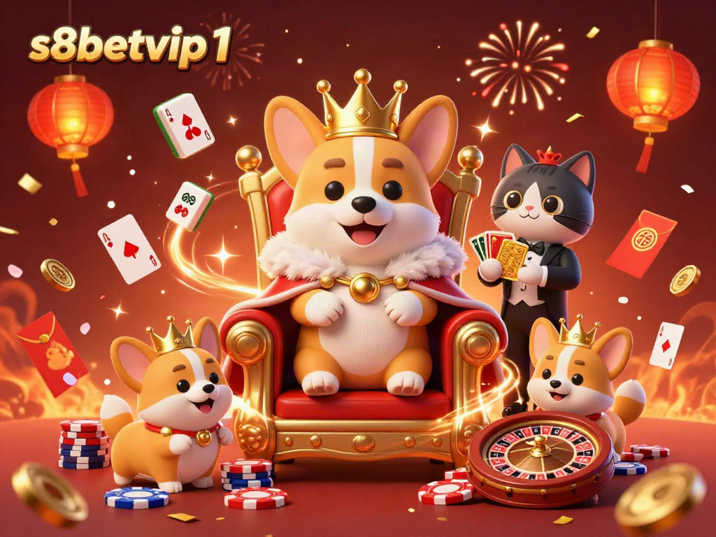 Engage in thrilling card games with s8betvip1 featuring a royal corgi and glowing casino elements.