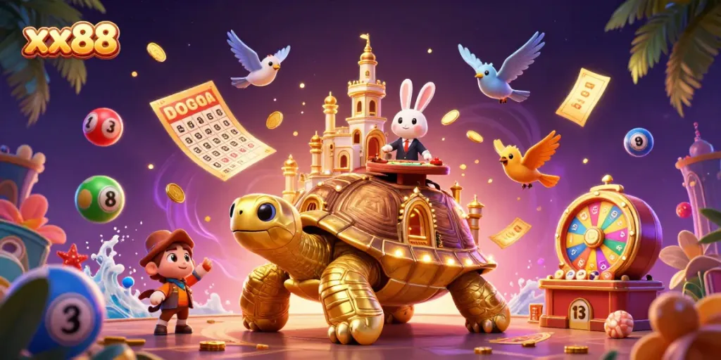 Experience the excitement of xx88 with a dynamic 3D casino scene featuring colorful lottery elements and a charming golden tortoise.
